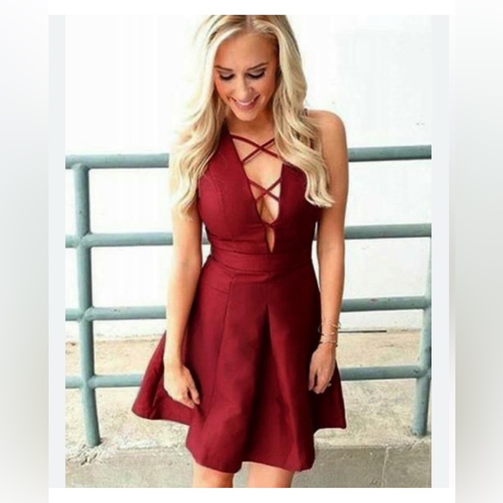 Do & Be Deep Red Lace Up Plunge Fit and Flare Dress